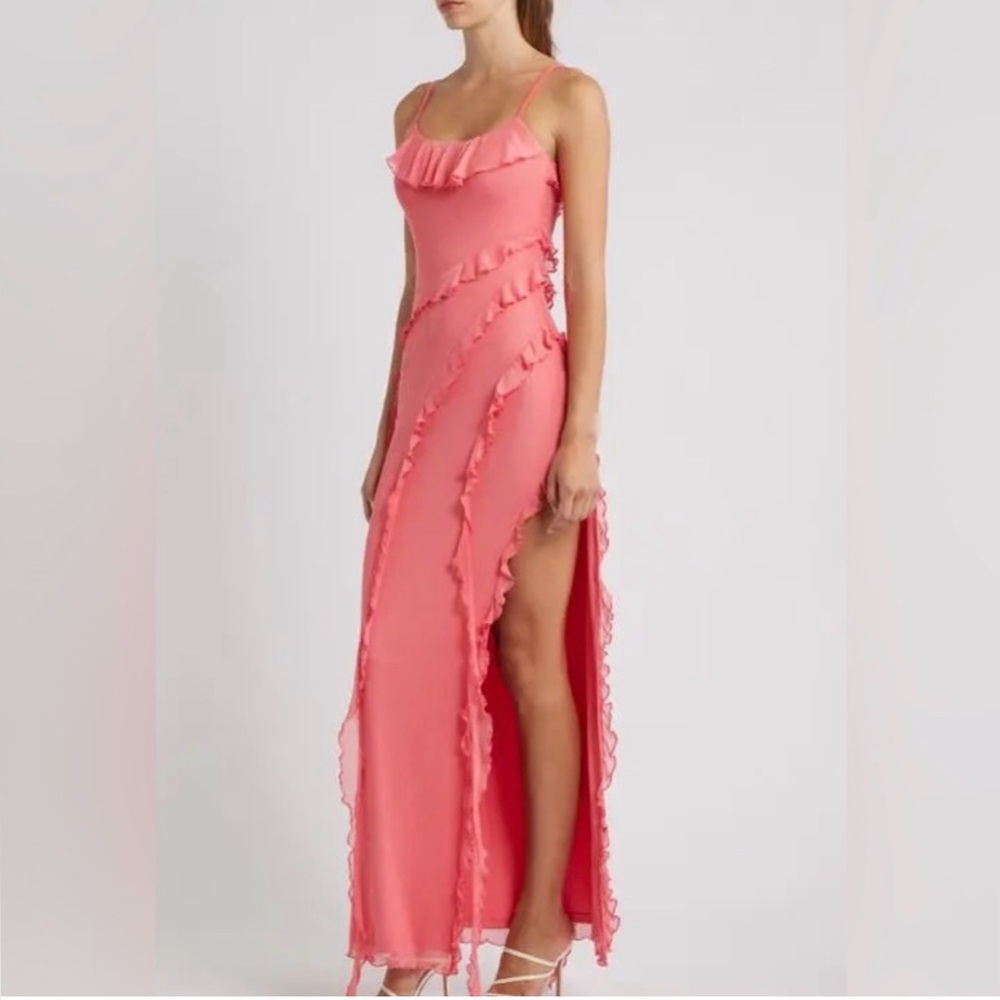 NWT- Princess Polly High Slit Ruffle Dress, Coral, size 8 - Picture 2 of 12